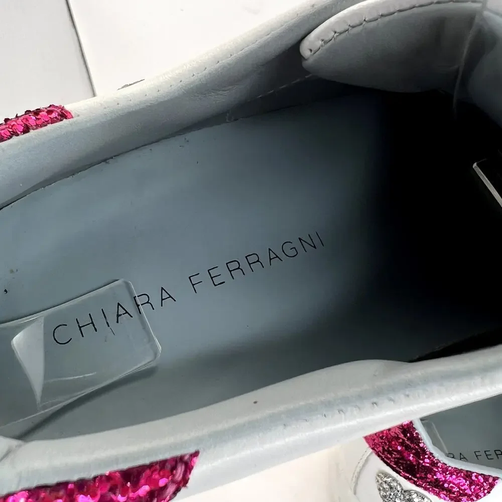 Chiara Ferragni Glitter Heart White Leather Sneakers Pink Silver Lace Up EU 38